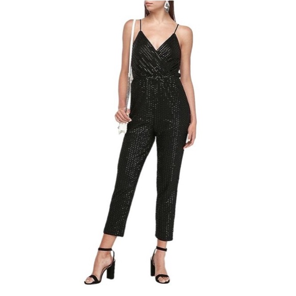 Express Pants - Express black sequin embellished jumpsuit with pockets surplice wrap bodice 8 M